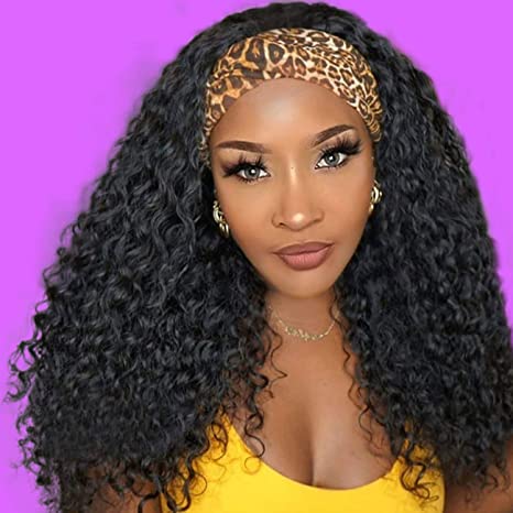 Persephone 180% Headband Wigs for Black Women Glueless Loose Curly Wig with 3 Free Headwraps Black Synthetic Wig with Headband 18"