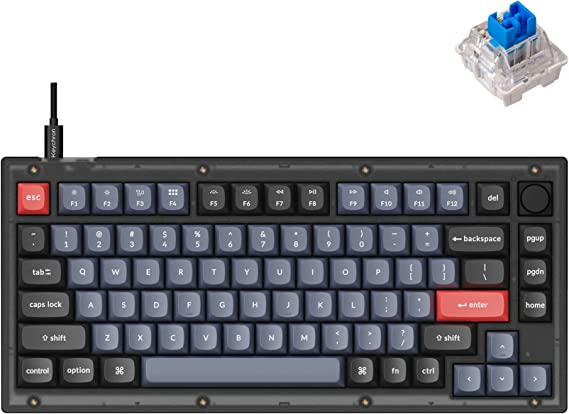 Keychron V1 Wired Custom Mechanical Keyboard Knob Version, 75% Layout QMK/VIA Programmable with Hot-swappable Keychron K Pro Blue Switch Compatible with Mac Windows Linux (Frosted Black-Translucent)