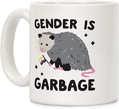 LookHUMAN Gender Is Garbage Non-binary Opossum White 11 Ounce Ceramic Coffee Mug