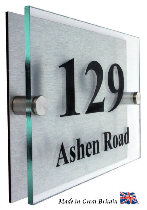 Premier Quality,Glass Look Acrylic Personalised House number Sign | 10 Year Guarantee | 2 Part Branded Acrylic with choice of Fonts.