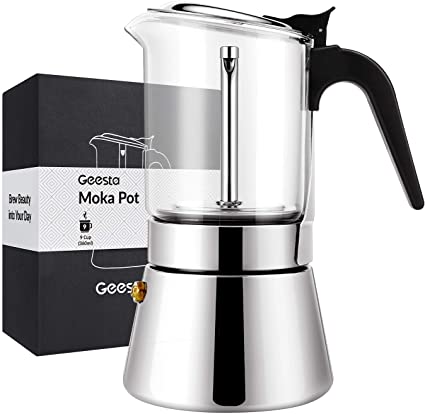 GEESTA Premium Crystal Glass-Top Stovetop Espresso Moka Pot - 4 / 6/ 9 Cups Stainless Steel Coffee Maker- 360ml/12.7oz/9 cup (espresso cup=40ml)