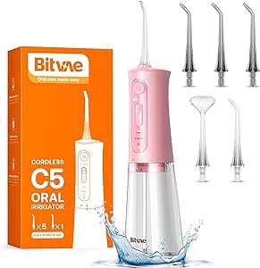 Bitvae Water Flossers for Teeth, Cordless Water Flosser with 3 Modes & 5 Intensities, Water Teeth Cleaner Picksfor Teeth Cleaning, IPX7 Waterproof & Rechargeable, Portable for Travel, Pink