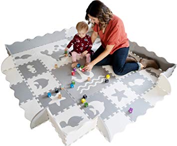 Baby Play Mat with Edges - Extra Large (6ftx6ft) Extra Thick (0.56") Interlocking Foam Tiles with Sea Creatures Patterns | Crawling Mat for Infants | Puzzle Mat for Kids (Grey and White)