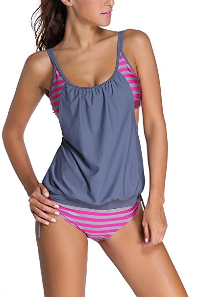 Dokotoo Womens Stripes Lined up Double up Tankini Top Sets Swimwear