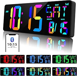 XREXS Large Digital Wall Clock Bluetooth Sync, 17" RGB Color Changing Digital Clock with Remote Control, Adjustable Brightness Grandfather Clock, Temperature Clock for Home, Gym, Office and Classroom