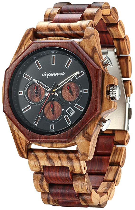 Wooden Watches for Men, shifenmei S5561 Lightweight Dual Time Wood Watches Date Display Chronograph Calendar Analog Quartz Movement Wristwatches Wooden Gift Box