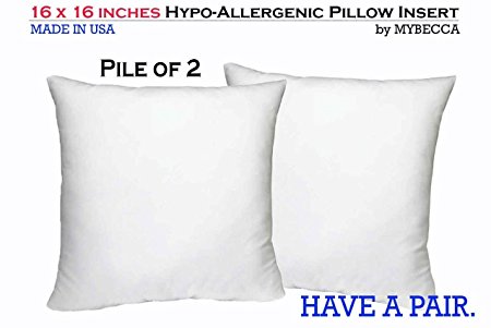 [PILE OF 2] 16L x 16W Inches Pillow Insert Hypoallergenic Premium Square Sham Stuffer in Polyester Form Cover, MADE IN USA