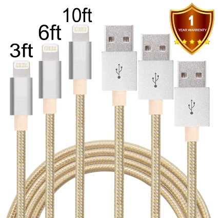 LOVRI 3ft 6ft 10ft Nylon Braided Lightning Cable USB Cord Charging Cable for iphone 6s, 6s plus, 6plus, 6,5s 5c 5,iPad Mini, Air,iPad5,iPod. Compatible with iOS9.(White&Gold)