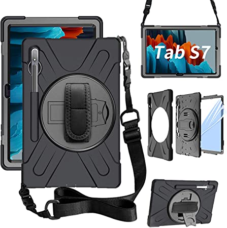 ZenRich Galaxy Tab S7 Case 2020, SM-T870/T875/T876 Case11 Inch with S Pen Holder zenrich Shockproof Case with Screen Protector Stand Hand Strap Shoulder Belt for Samsung Galaxy Tab S7 11 Inch-Black