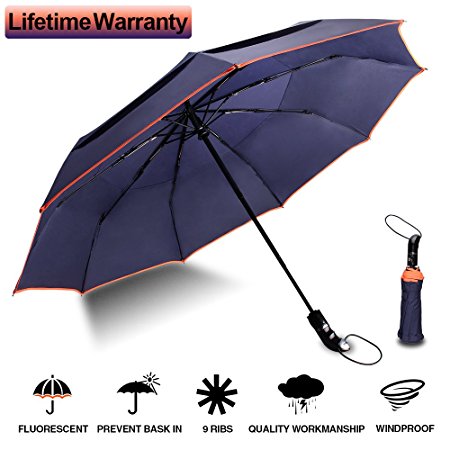 Folding Umbrella - 48-Inches Large Windproof Auto Open Close Double Canopy Travel Umbrella with 9 Ribs - Deep Purple