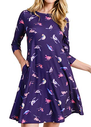 Women’s Printed Crew Neck A-Line Dresses with Pockets Casual Tropical Floral Novelty Animal Christmas Patterns