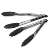 Vivree Kitchen Tongs Set - Salad and Grill Stainless Steel Serving Tongs with Silicone Tips - 9amp12 Black