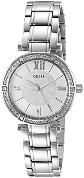 GUESS Women's Dressy Watch with White Dial , Crystal-Accented Bezel and Stainless Steel Pilot Buckle