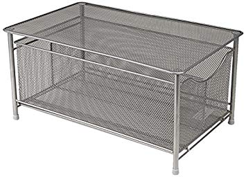 Mind Reader 'CABASKDR' Metal Storage Basket with Sliding Drawer and Steel Mesh Platform on Top, Silver