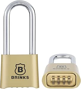 Brinks 671-49002 50mm 4-Dial Resettable Combination Lock with Chrome Plated Boron Steel Shackle and 2 3/8" Shackle Clearance, Brass Plated