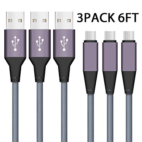 Micro USB Cable, 6FT 3-Pack Nylon Braided High Speed 2.0 USB to Micro USB Charging Cables Android Fast Charger Cord for Samsung Galaxy S7 Edge/S6/S5/S4,Note 5/4,LG,Nexus,Android Smartphones and More