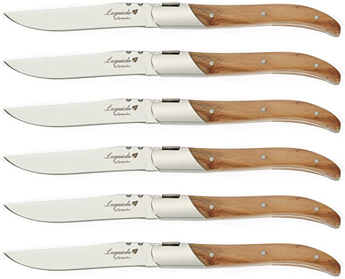 FLYINGCOLORS Flying Colors Laguiole Steak Knife Set. Stainless Steel, Olive Wood Handle, Gift Box, 6 Pieces
