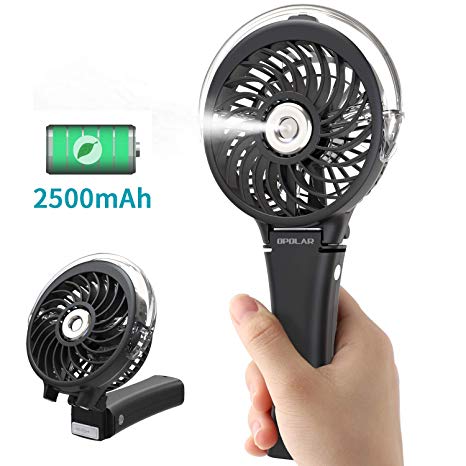 OPOLAR Small Handheld Portable Misting Fan, 2500mAh Battery Operated Rechargeable Personal Water Spray Mist Cooling Fan Humidifier, 3 Speeds, Neon Light, Quiet and Powerful Airflow 180° Foldable Fan