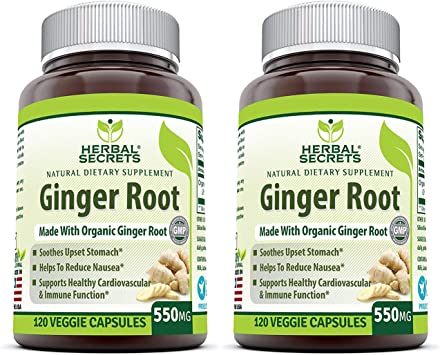 Herbal Secrets Ginger Root Supplement 550 Mg Capsules (Non-GMO) - Helps to Reduce Nausea, Supports Cardiovascular & Immune Function, Soothes Upset Stomach* (Pack of 2-120 Veggie Capsules)