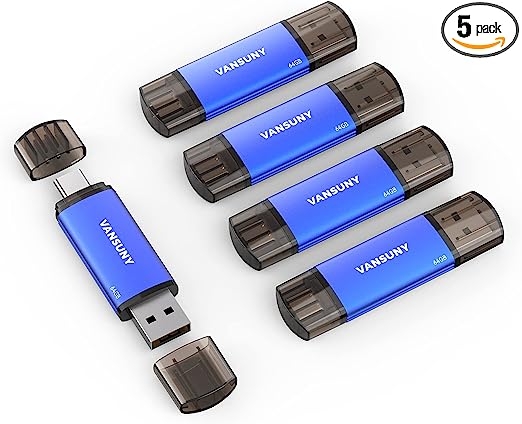 Vansuny 64GB 5 Pack USB Type-C Flash Drives 2-in-1 Dual Flash Drive USB A   USB C OTG Flash Drive for Android Smartphone Tablet Computer Laptop (Blue)