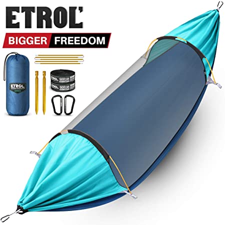 ETROL Hammock, Upgrade Double & Single Camping Hammock with Mosquito Net, Tree Straps, Carabiner, 3 in 1 Function Design Aluminium Parachute Portable Hammock for Indoor, Outdoor, Hiking, Patio, Travel