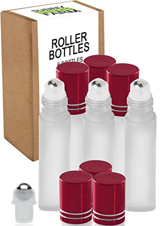 Highest Quality Frosted Glass Roll On Bottles - 1/3oz(10ml) - 6 Pack with Stainless Steel Metal Roll-On Balls - Free Recipe eBook Ideal For Essential Oils, Perfumes, Aromatherapy (Red Lids)