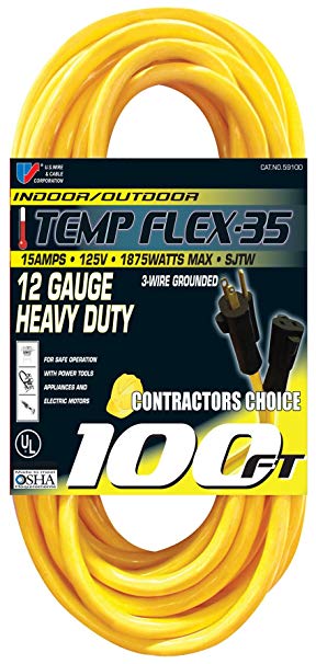 US Wire 59100 12/3 100-Foot SJTW Yellow Heavy Duty Extension Cord