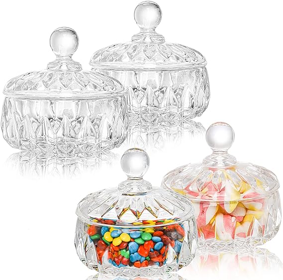 Foraineam 4 Pack Glass Candy Dish with Lid, 8 oz Clear Decorative Candy Bowl, Crystal Covered Candy Jar Cookie Storage Container for Food Storage and Organization Kitchen, Office, Home Decoration