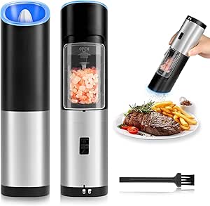 YSSOA Gravity Electric Salt and Pepper Grinder Set, Adjustable Coarseness, One Hand Automatic Operation, with Blue LED Light, Stainless Steel, Black