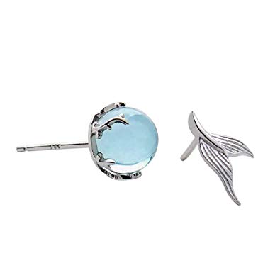 BBSSC Mermaid Stud Tail & Foam Earrings 925 Sterling Silver, Synthetic Blue Crystal Mermaid Studs Earring