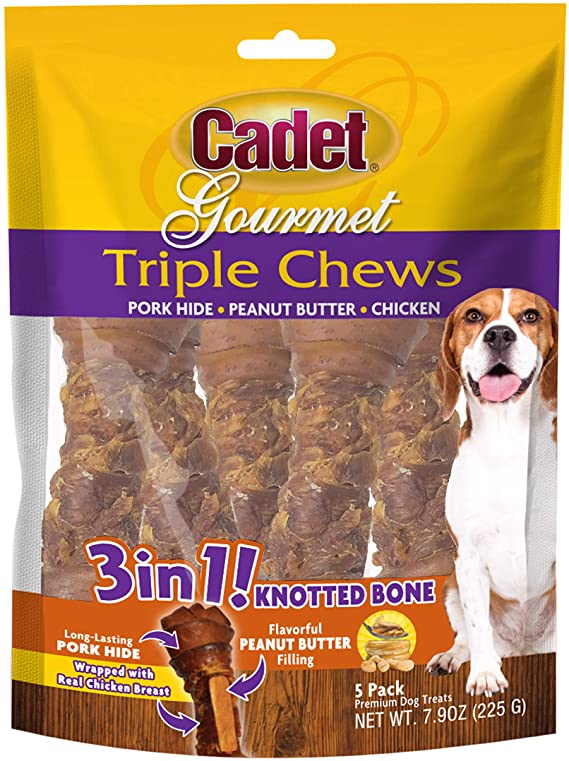 Cadet Triple Chew Pork Hide Knotted Bones for Dogs - Chicken and Peanut Butter - 5 Count