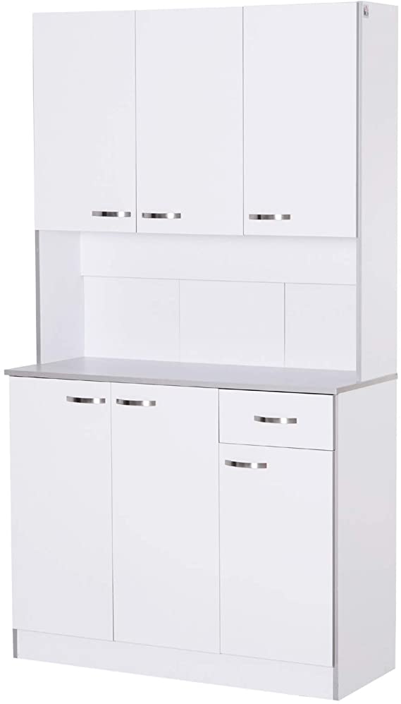 Armoire de cuisine contemporaine multi-rangements 6 portes 1 tiroir   grand plateau dim. 101L x 39l x 180H cm panneaux particules blanc gris