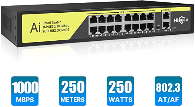 【1000 MBPS】 Hiseeu 16 Port PoE Switch   2 Gigabit Uplink 1000 Mbps, 250W (Each Port up to 30 W), Extend to 250 m, 802.3 af/at Compliant, Noiseless, Sturdy Metal Housing, Unmanaged Plug and Play