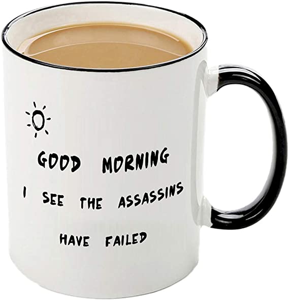 Mecai Funny sayings mug-Good morning. I see the assassins have failed,11 OZ Coffee Cup,Humor Birthday Christmas gifts for women men,sister or brother ideas gag gift