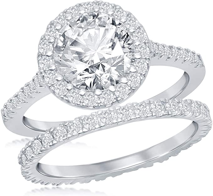 Beaux Bijoux Sterling Silver Silvertone Simulated Brilliant Diamond CZ 2.00ct Round Halo Engagement Ring and Band Set