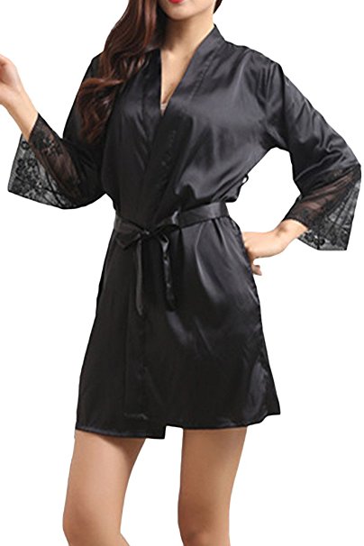 Lasher Women's Bathrobes Short Kimono Robe Satin Sleepwear Silky Lace Lingerie