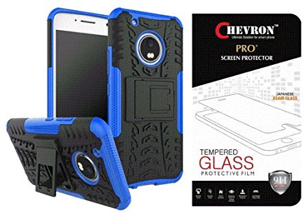 Chevron Motorola Moto G5 Plus Tough Hybrid Back Cover Case with Kickstand & Chevron Pro  0.3m Tempered Glass (Blue) [CHEV SHIELD]