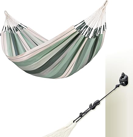 LA SIESTA® Modesta Organic Cotton Hammock & WallMount, Hammock Suspension Kit for Walls Ceilings & Square Beams - Indoor Outdoor Hammock, Large Hammock Bed 2 Person Hammock - Double Hammock, Olive