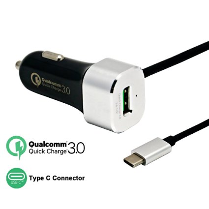 Quick Charge 3.0 Silipower 39W car charger attached 3.3ft USB-C connector for 5V 3A charging Nexus 5X/6P, HTC 10 & other Type-C Devices, QC3.0 for LG G4/G5, Galaxy S7/S6/Edge, HTC| Qualcomm Certified