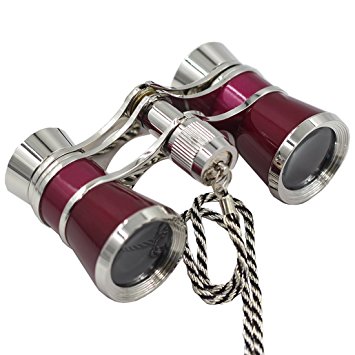 OPO Opera Theater Horse Racing Glasses Binocular Telescope Chain Necklace (Red with Silver Trim) 3X25