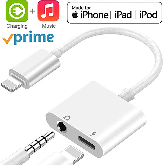 Headphones Adapter for iPhone Charger 3.5mm Adaptor Jack Dongle Earphone Convertor for iPhone 8/ X/XS MAX/XR/ 8Plus/ 7/7 Plus 2 in 1 Music Charger Cables Charge & Aux Audio Support iOS 12 -White