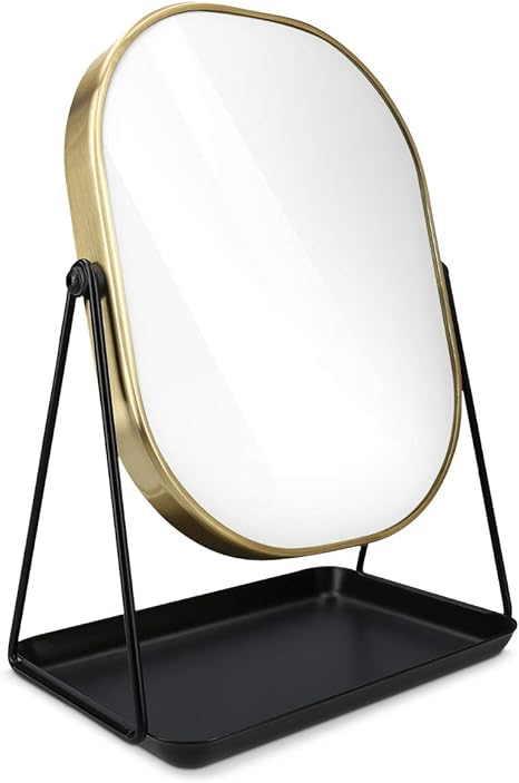 Navaris Free Standing Makeup Mirror - Large Cosmetic Vanity Mirror for Bathroom, Dressing Room, Bedroom Table or Desk with Large Tray Stand - Gold