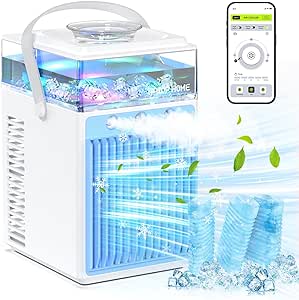 Portable Air Conditioners, 4 in 1 Rechargeable Evaporative Personal Cooler Humidifier with 6 Ice Boxes, 3 Speeds Quiet Mini AC with LED, Air Conditioner Desktop Cooling Fan for Office Tent Bedroom