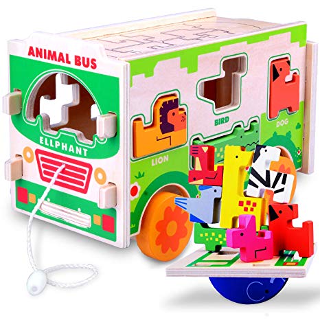 Gamenote Jumbo Wooden Shape Sorter Animals Bus with Puzzle Jigsaw and Seesaw Game - Educational Pull Push Truck Toys for Toddlers and Baby (Need to Assemble)(Colorful)