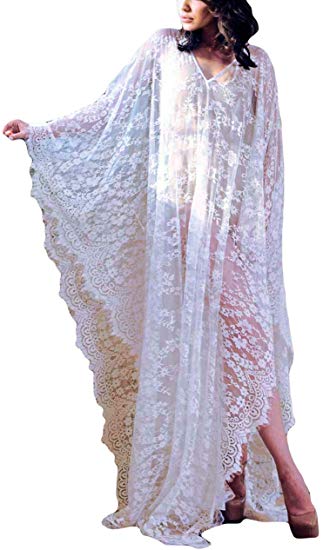 Bsubseach Women Sexy Lace Crochet Open Front Swimsuit Beach Long Kimono Cover Ups