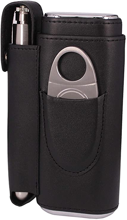 AMANCY Convenient Cedar Wood Lined 2 Holder Black Cigar Case Flask Set with 2 Oz Stainless Steel Flask and Cutter