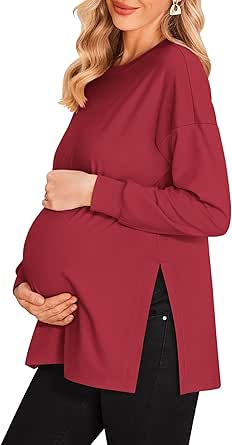 Ekouaer Women’s Maternity Shirts Long Sleeve Split Side Pregnancy Tee Top Tunic Blouse Casual Mama Clothes