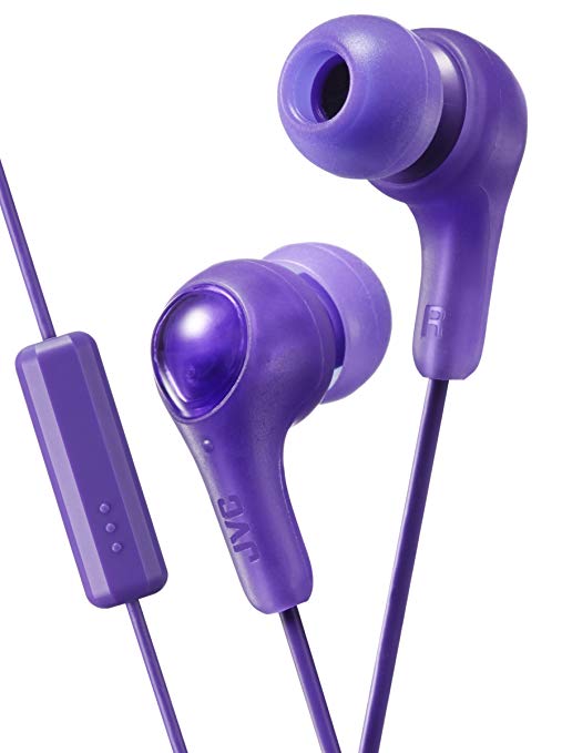 PURPLE GUMY In ear earbuds with stay fit ear tips and MIC.  Wired 3.3ft colored cord cable with headphone jack.  Small, medium, and large ear tip earpieces included.  JVC GUMY HAFX7MV