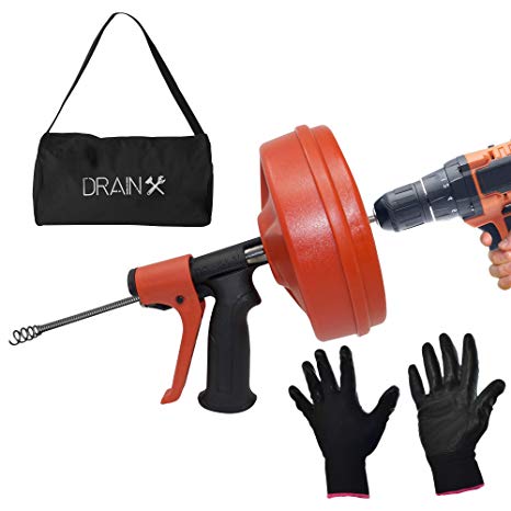 DrainX SPINFEED 25 Foot Drum Auger | Use Manually or Drill Powered - Auto Extend and Retract Snake | Work Gloves and Storage Bag Included