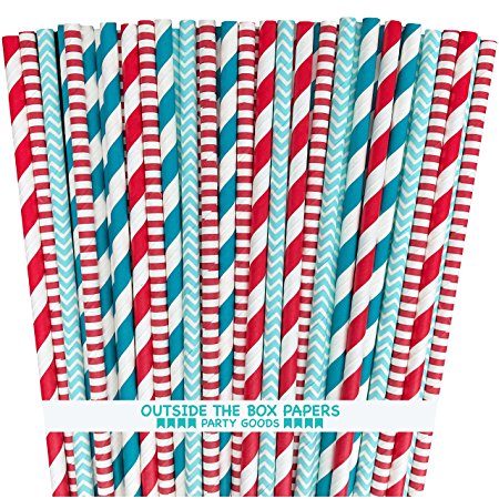 Outside the Box Papers Dr Seuss Theme Polka Dot and Striped Paper Straws 7.75 Inches 100 Pack Red, Light Blue, White